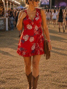 Red Floral Wrap Dress with Ruffle V-Neck